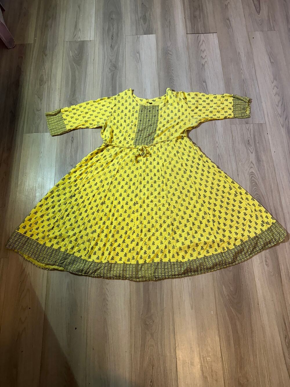 Yellow Anarkali Kurti Dress Block Print Indian Ethnic Midi Flared Rayon XXL